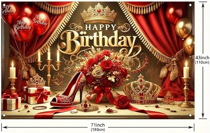 Royal Birthday Party Banner 71x43 Inch Double Sided Outdoor Decoration with CrownRed Rose and High Heel Design for Elegant Birthday Celebration Queen Party Supplies