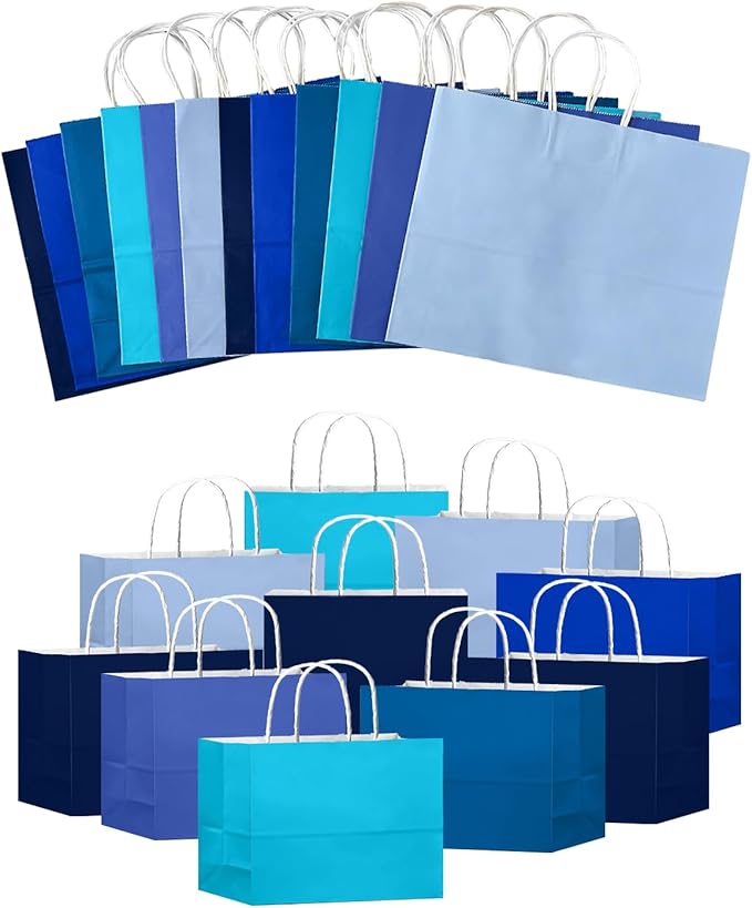 qiqee 24PCS Large Gift Bag with Handles Bulk 13"x4.5"x10" Gift Bags 6 Different Blue Color Bags Multiple Uses (32x11x25cm,Wide Large)
