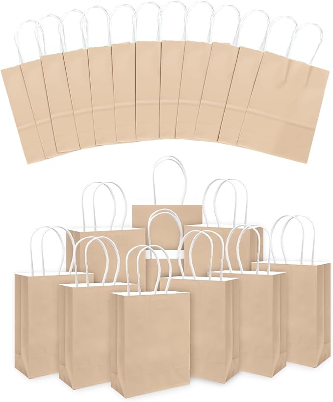 qiqee 24PCS Small Gift Bag with Handles Bulk 8.3"x6"x3" Gift Bags Almond Yellow Bags Multiple Uses (Small Size)