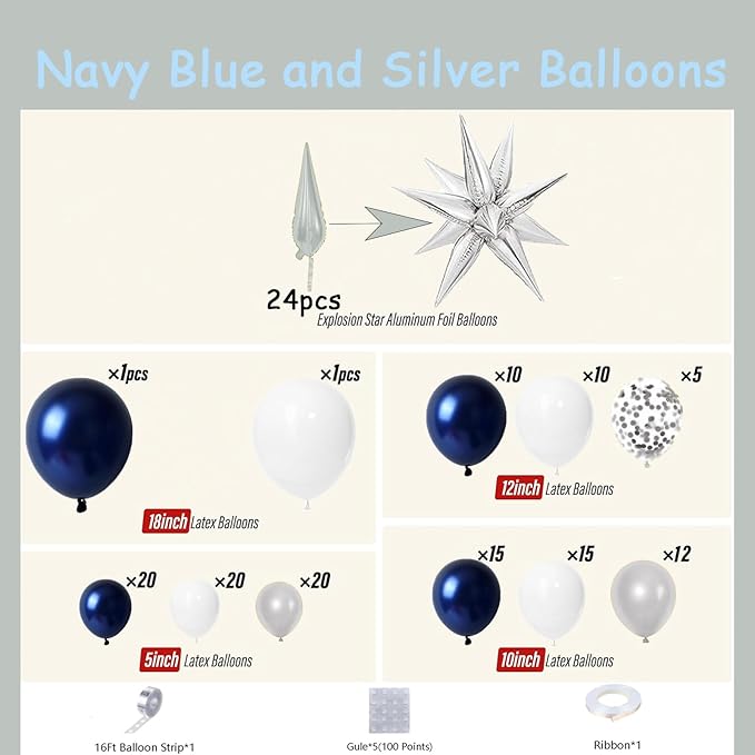161pcs Navy Blue and Silver Balloon Garland Arch Kit with Blue White Silver Confetti Balloons, Star Foil Balloons, for Graduation New Year Anniversary Birthday Party Decorations