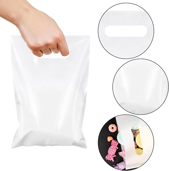 Hxezoc 50 Pieces White Gift Bags with Handle, Plastic Treat Candy Jewelry Bag White Party Favor Bag for Baby Shower Birthday Party Decoration Supplies