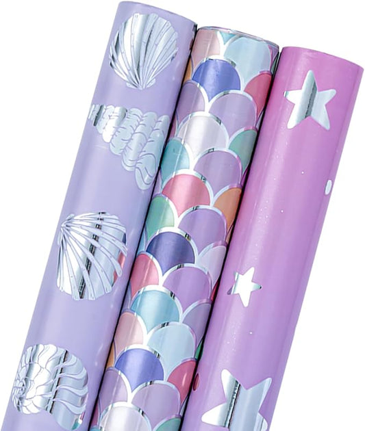MAYPLUSS Purple Mermaid Wrapping Paper, Birthday Girl Wrapping Paper, Metallic Foil Mermaid Scale Scallop Pattern Ocean Gift Wrap for Girls,Kids, Baby Shower (Mini Roll, 17 Inch x 120 Inch Per Roll)