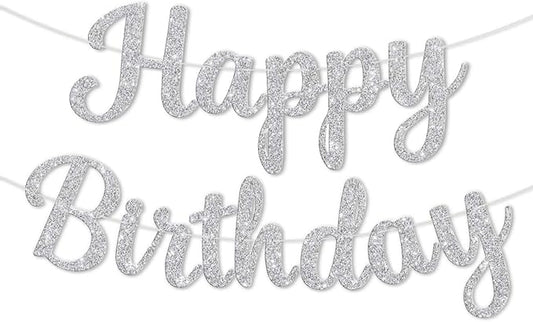 Glitter Happy Birthday Banner Sign, Reusable Birthday Party Garland Decorations, DIY Cake Day Celebration Banners Party Supplies for Women, Men, Boys, Girls (Silver)