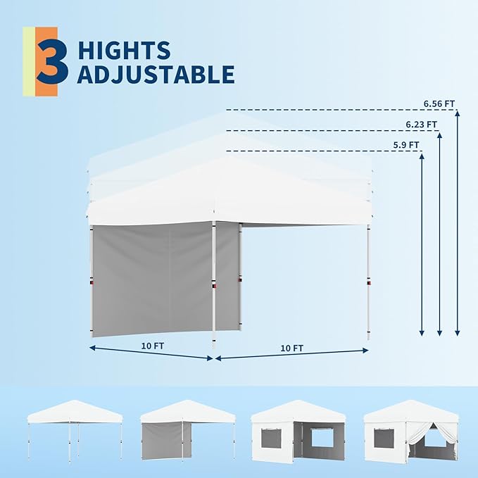 10x10FT Instant Pop Up Canopy Tent with 1 Side Wall, Heavy Duty Canopy Set, Waterproof and UV Protected Tailgate Tent for Outdoor Events (White)