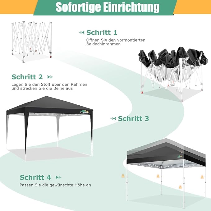 COBIZI 10x10 Pop Up Canopy Tent with 4 Sandbags, Easy Set Up Gazebo, Instant Outdoor Sun Shade &Waterproof Canopy with 8 Stakes,4 Ropes&Carry Bag, Tents for Parties, Beach, Backyard,Camping(Black