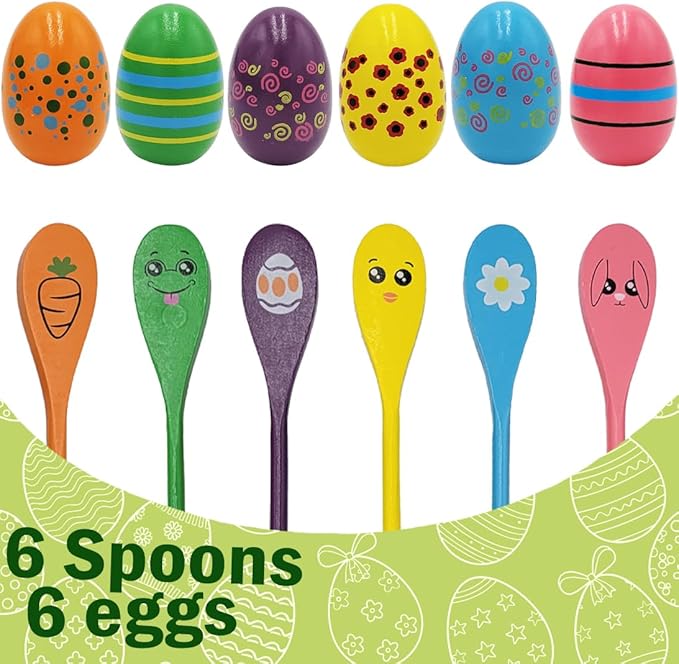 Painted Easter Egg and Spoon Race Game Set, Family Game for Kids & Family Activity Holiday Outdoor Yard Easter Egg Hunt Birthday Party Front Lawn