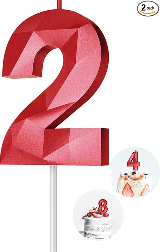 Number Birthday Candles(2 Candle Red) 3D Diamond Shape Number Happy Birthday Cake Candles for Birthday Party Wedding Decoration Reunions Theme Party