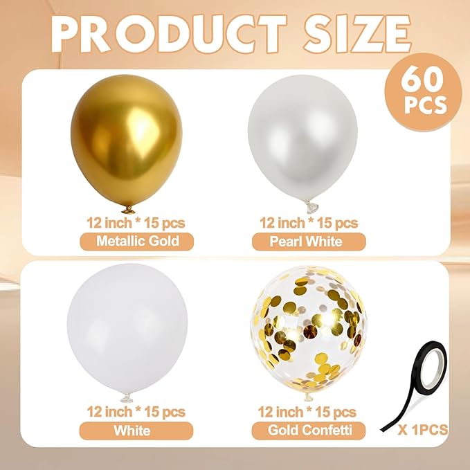Gold and White Balloons Gold Confetti Balloon, 60 Pcs 12 Inch Latex Confetti Metallic Balloons with 1 Ribbon, for Birthday Wedding Bridal Shower Party Decorations