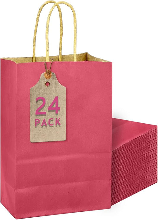 qiqee Bright Pink Gift Bag with Handles Bulk 24Pcs Paper Bags -10.6"x8.3"x4.3"Party Favor Bags - Solid Color