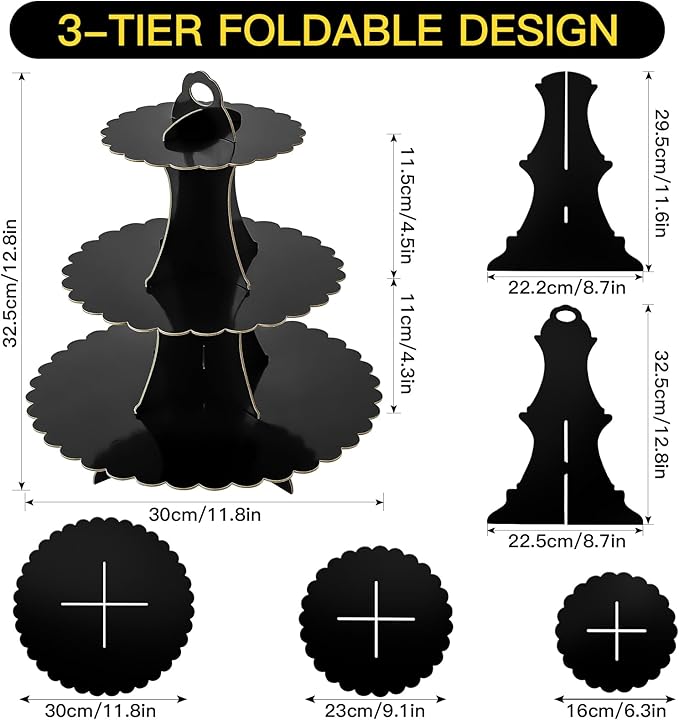 Soleebee 3-Tier Cupcake Stand, Cardboard Cupcake Tower, Dessert Cup Cake Stand Tower for Birthday Wedding Party Decoration, Cupcake Tier Stand 1 Set (Black)