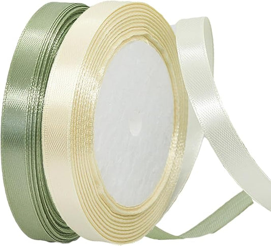 2 Rolls Sage Green Ribbon, 3/8 Inch 50 Yards Dusty Sage Green Beige Satin Fabric Ribbon for Wedding Party, Gift Wrapping, Baby Shower, Flower Bouquets, DIY Crafts, Birthday and Christmas Decorations