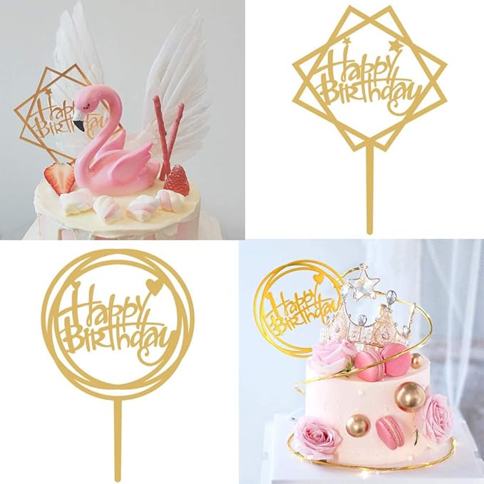 12Pcs Acrylic Cake Topper, BetterJonny Double-Sided Glitter Happy Birthday Gold Cake Topper Set, Birthday Decoration for Children and Adults