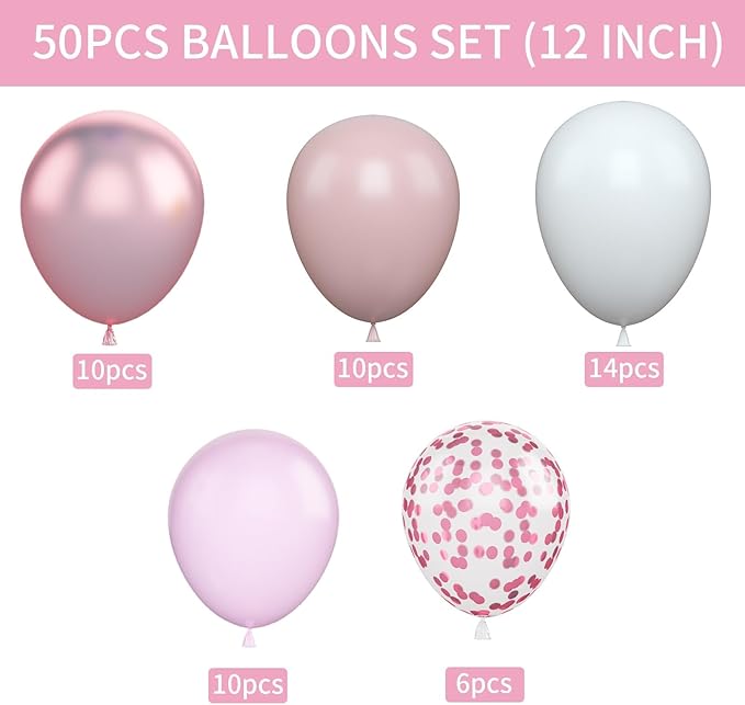 Biapian Pink & White Metallic Chrome Confetti Latex Balloons - 12 Inch Ribbon Party Balloons Set for Girls' Birthday Princess Parties
