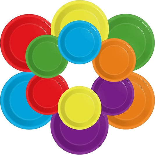 Wiooffen 48 Pcs Colorful Paper Plates Rainbow Party Supplies Colored Disposable Party Paper Tray Premium Dessert Cake Decorations Tray for 24 Guests 7in and 9in Round