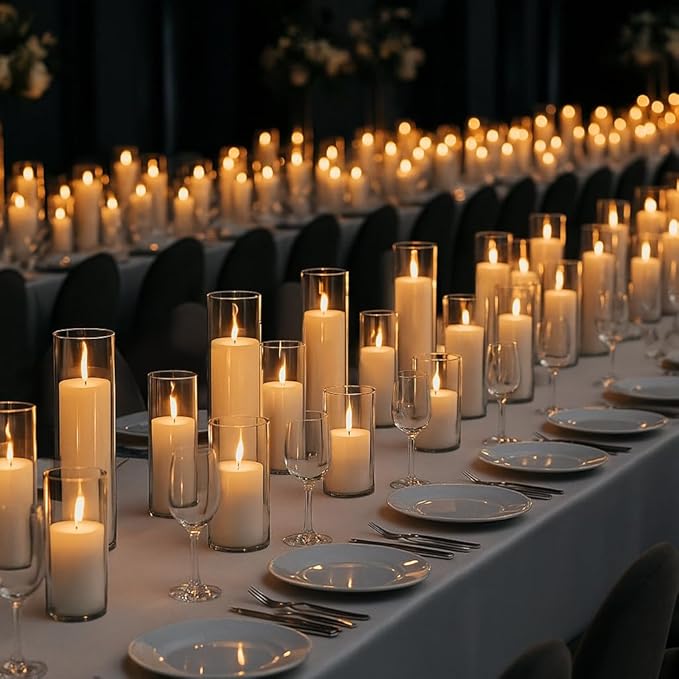 Set of 6 White Pillar Candles with Clear Glass Hurricane Holders- Elegant Cylinder Candle Vases for Weddings, Parties, Centerpieces, Home & Office Decor (White, 6 Set)