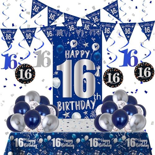 16th Birthday Decorations for Boys, Blue Happy 16th Birthday Decoration Boy