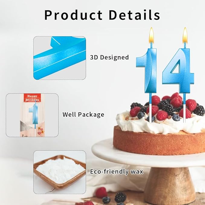 14 Birthday Candle for 14th Birthday Decorations for Boys Number 14 Candle Boy 14 Candle Birthday Girl 14th Cake Topper Blue Number Candles (14 Blue)