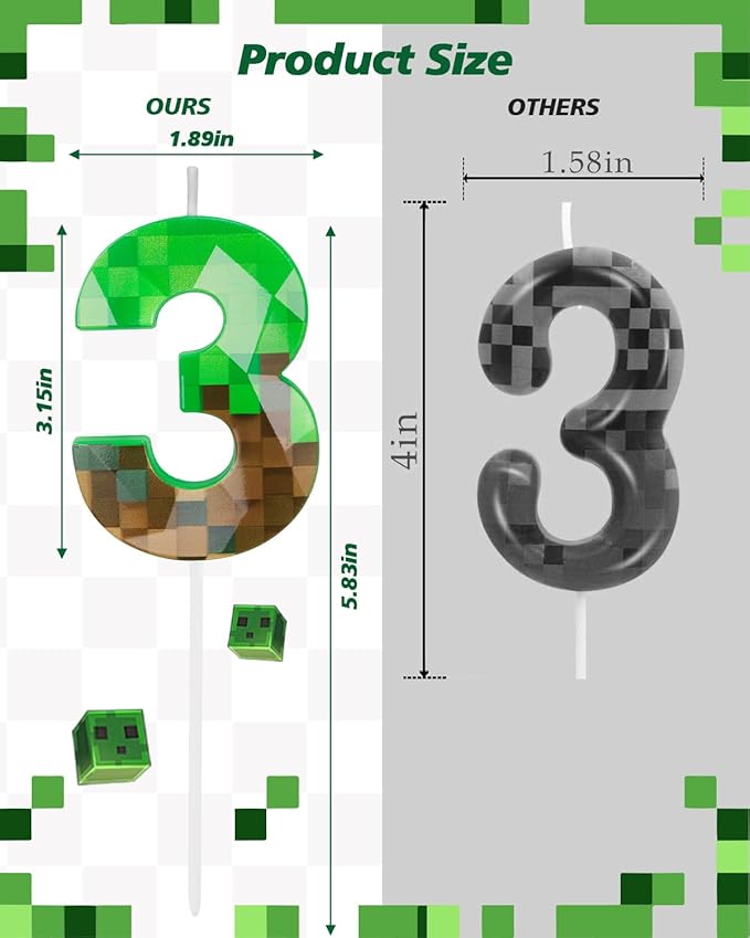 Pixel Birthday Candle, 2.68 Inch Miner Number Candles, Game Themed Candle Birthday Decoration for Pixel Theme Birthday Anniversary Dynamite Video Game Party (Green, 3)