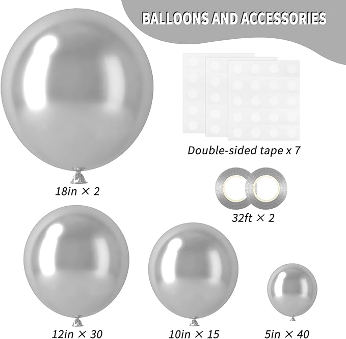 RUBFAC 87pcs Silver Balloons Latex Balloons Different Sizes 18 12 10 5 Inch Metallic Silver Chrome Party Balloon Kit for Birthday Party Graduation Baby Shower Wedding Holiday Balloon Decoration