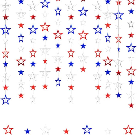 Patriotic Star Streamers Banner Garland Glitter for 4th of July BBQ Memorial Day 250th Anniversary Party Glossy Independence Day Celebration Labor Day Decorations Red White Blue 1 Strand 157.5In