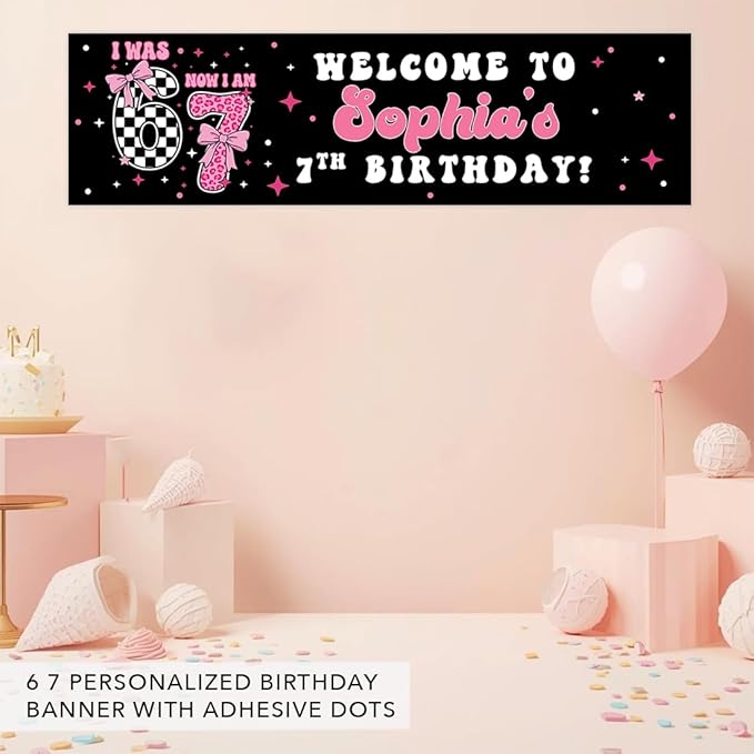Andaz Press 13x48 Inch Custom 6 7 Birthday Banner Decorations, Personalized Birthday Banner with Custom Name, Coquette Pink Bow 67 Happy Birthday Party Banner for Girls, Home or Party Decor Backdrop