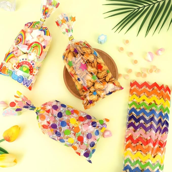 120 PCS Rainbow Cellophane Treat Bags, Colorful Cellophane Bags, Plastic Star Polka Dot Stripes Printed Candy Cookies Goodie Gift Bag for Valentine's Day Kids Birthday Party Holiday Favor Supplies