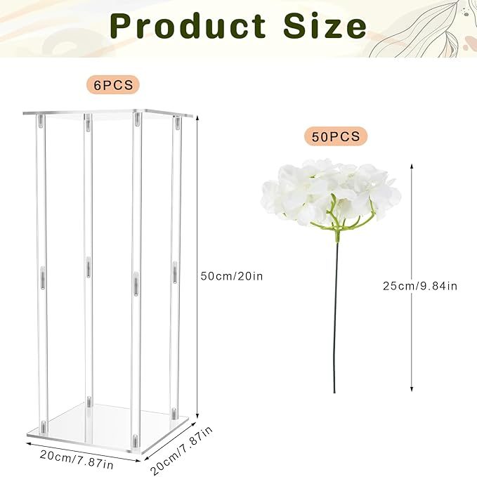 Geetery Tall Acrylic Wedding Flower Stand Centerpieces Clear Elegant Vase Column Stand with Artificial Hydrangea Flowers for Wedding Party Table Home Decorations(6 Pcs,20 Inch)