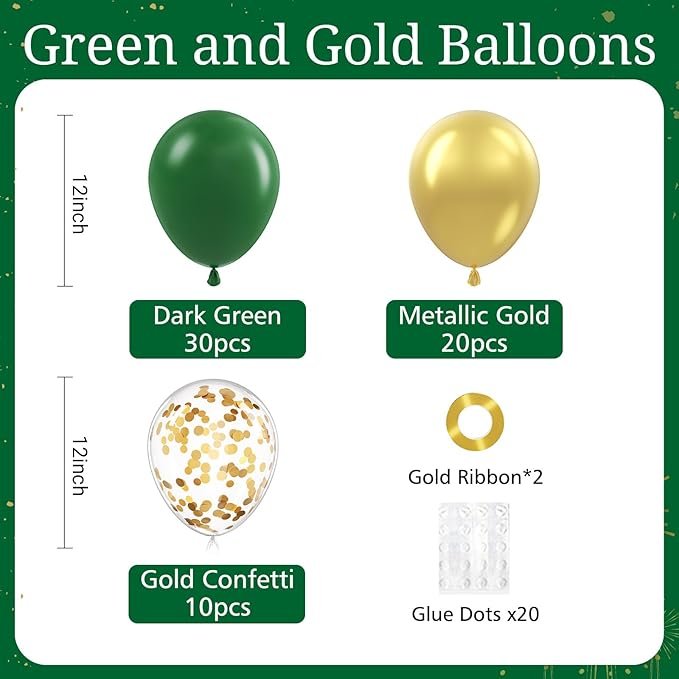 BAUANOOY Green and Gold Balloons, 60pcs 12 Inch Metallic Chrome Gold Dark Green Balloon Latex Balloons for Wedding Graduation Jungle Birthday Party Decorations