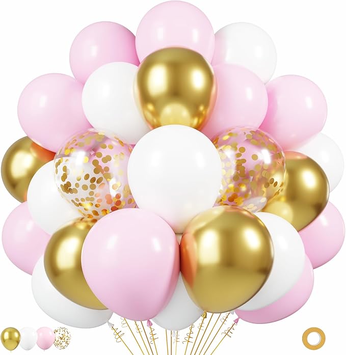 Pink and Gold Balloons, 50pcs 12 Inches Pink White Gold Confetti Balloons with 1 Ribbon for Birthday Baby Shower Wedding Bridal Shower Princess Themed Party Decorations