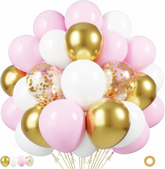 Pink and Gold Balloons, 50pcs 12 Inches Pink White Gold Confetti Balloons with 1 Ribbon for Birthday Baby Shower Wedding Bridal Shower Princess Themed Party Decorations
