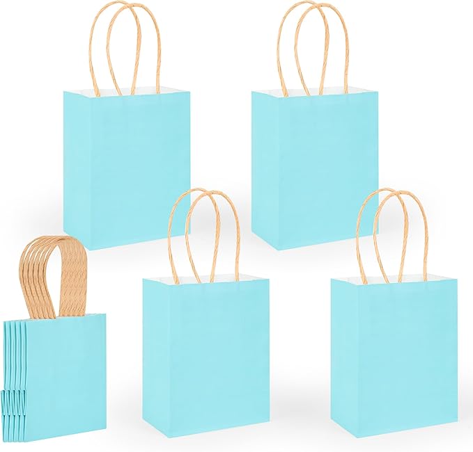 DjinnGlory 60 Pack Tiny Mini Small Blue Paper Gift Bags with Handles 6.3 x 4.7 x 2.75 Inch for Birthday Wedding Baby Shower Party Favors Goodies, Business Merchandise Shopping Kraft Bags