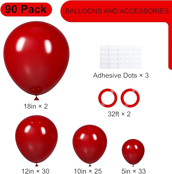 Voircoloria 90pack Ruby Balloons Different Size 18/12/10/5 Inch Ruby Balloon Garland Arch Kit for Graduation, Wedding, Birthday, Princess Them, Valentine's Day, Anniversary Party Decorations