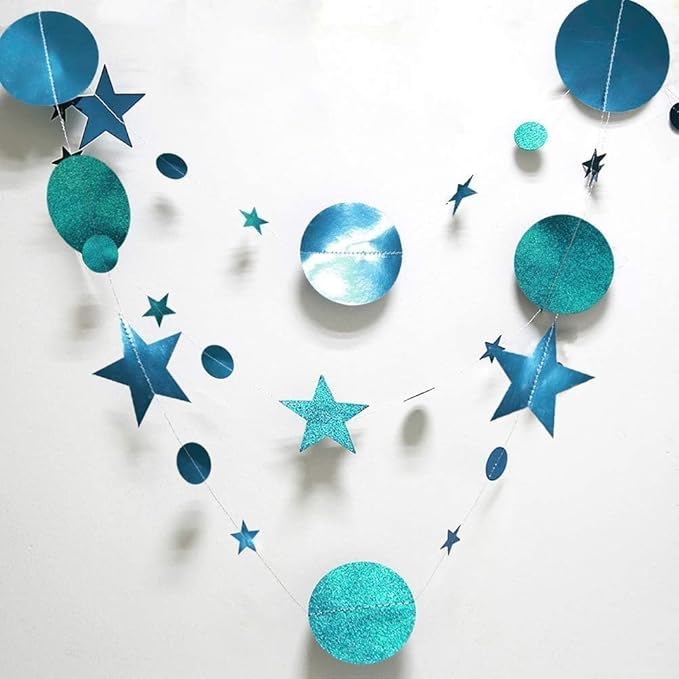 Cheerland Glitter Teal Aqua Blue Party Decorations Hanging Star Circle Garland Birthday Bridal Shower Backdrop Wedding Reception Bachelorette Decor Dot Streamer Graduation Party Under The Sea Theme