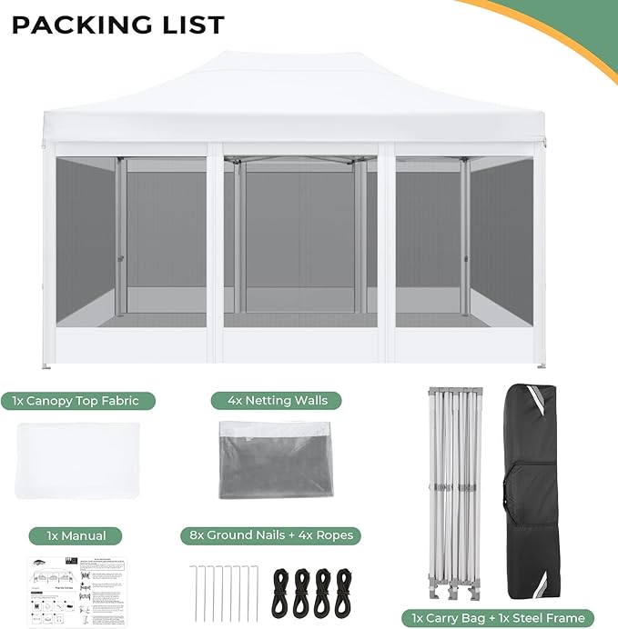 COBIZI 10x15 Heavy Duty Pop Up Canopy with 4 Sidewalls, Commercial Gazebo Party Tent with Mosquito Netting Wall Easy Set Up Outdoor Instant Screen Tent for Backyard, Patio, Garden, White