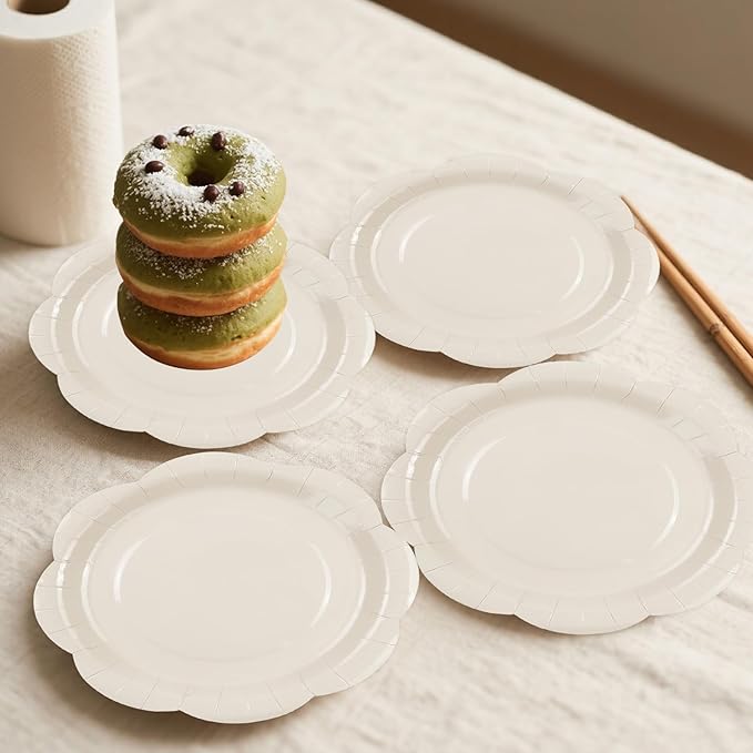 30 Pack Ivory Paper Plates 9 Inch, Disposable Cream Scalloped Plates Cake Dessert Plate for Dinner Baby Shower Wedding Bridal Shower Birthday Party Supplies (Ivory, 9 inch)