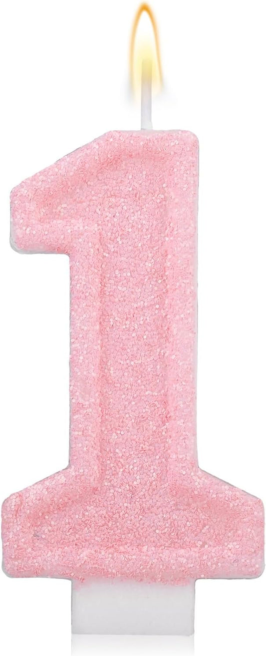 Pink Number One Birthday Candles, Romantic Cake Glitter Pink Number 1st Candles Anniversary Cake First Topper Decoration Cute Birthday Party Supplies for Wedding Anniversary Celebration Supplies (1)