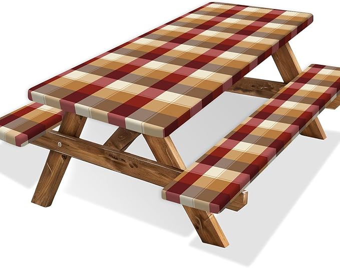 Checkered Style Picnic Table Cover with Bench Covers, Camping Essentials, Plaid Waterproof Windproof, Fitted Tablecloth Cover with Elastic Edge, for Indoor, Outdoor, 3 PCS, 30x96 Inch