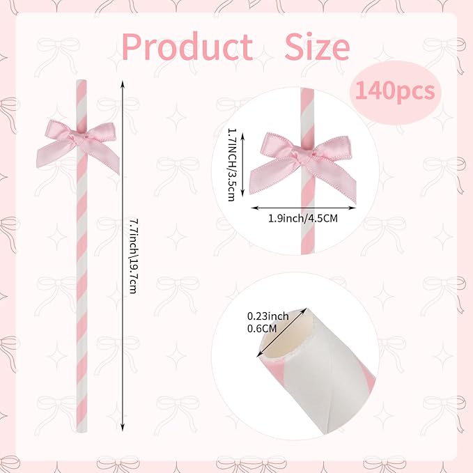 140 Pcs Pink Paper Straws, Bow Disposable Striped Drinking Straws Bulk for Pink Theme Birthday, Wedding, Baby Shower, Bachelorette Party Cake Decorations