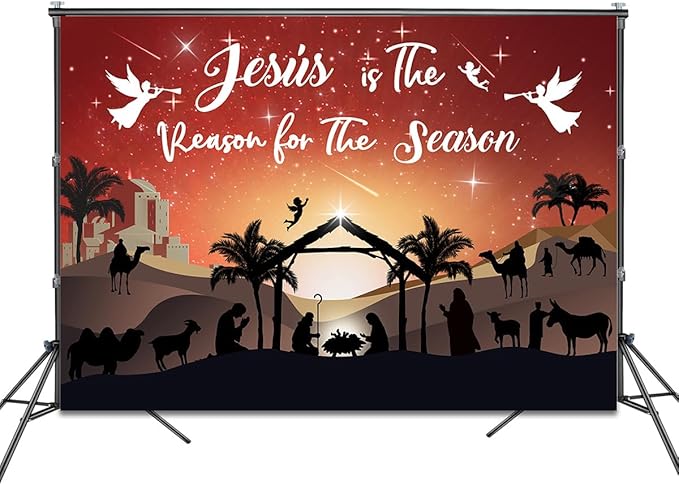 Mocsicka Christmas Nativity Backdrop Blue Large Merry Christams Party Decorations Banner Xmas Christmas Jesus is The Reason for The Season Background Photo Booth (Red, 6x4ft(72"x48"))