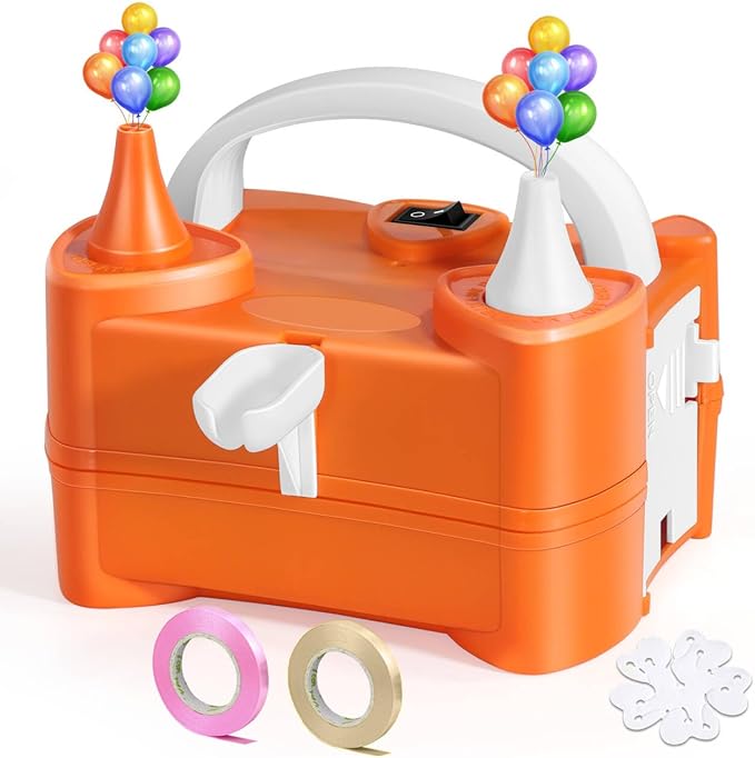 Electric Balloon Pump, Dual-Nozzle Portable Balloon Pump, Electric Balloon Inflator Balloon Pump Kit for Birthday Party Decorations, Weddings, Festivals and Party (Orange)