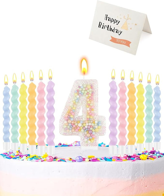 Birthday Candles for Cake, Pink Number Candles, Cake Candles with Greeting Card for Birthday Party Wedding Anniversary Celebrations（4 Candle,White Number Macaron）