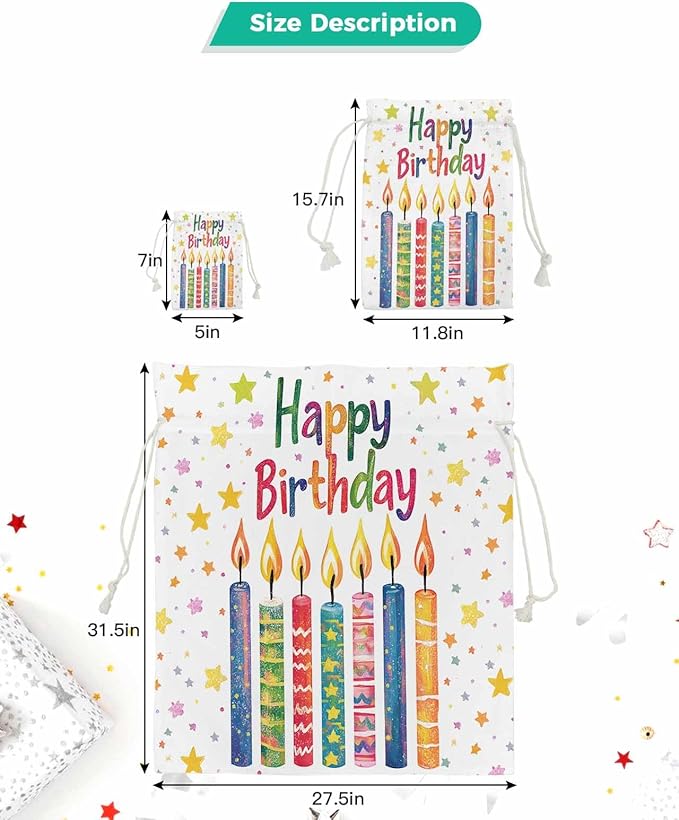 Victoroes Happy Birthday Drawstring Gift Bags 1 Piece, 27.5" x 31.5" Large Colorful Star Candles Gift Bag Reusable Fabric Wrap Bags for Wedding Party Birthday Christmas Seasonal Holiday