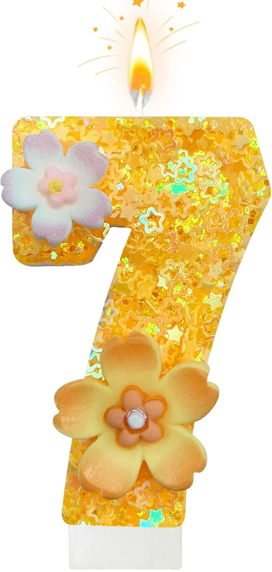 Yellow Birthday Candle, Flower Number Birthday Candles for Cake, Ideal Birthday Parties Cake Decor, Wedding Anniversary and Other Celebrations (7 Candle, Yellow)