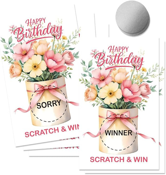 50 Pcs Happy Birthday Scratch off Game Cards, Floral Scratch Cards for Celebration Parties, Birthday Party Supplies for Flower Lovers, Lottery Group Games Activity Raffle Tickets