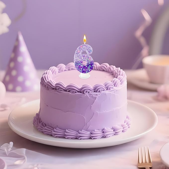 Purple Sequin Birthday Candles, Cake Number Candles, Girls 0th Birthday Decorations, Suitable for Birthday Parties, Anniversary Party Decorations(6)