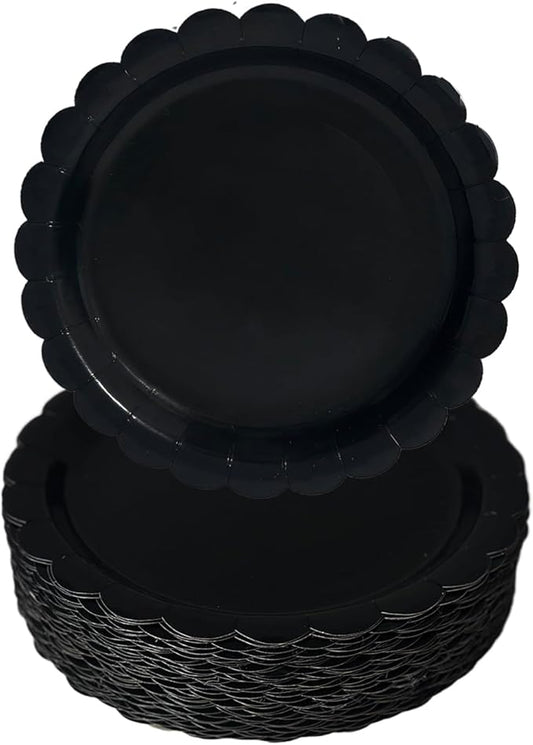 100 Pcs Scalloped Paper Plates, 9 Inch Black Paper Plates, Premium Heavy Duty Disposable Dessert Plates for Wedding, Valentine's, Birthdays, Baby Showers, Parties (Black, 9 In)