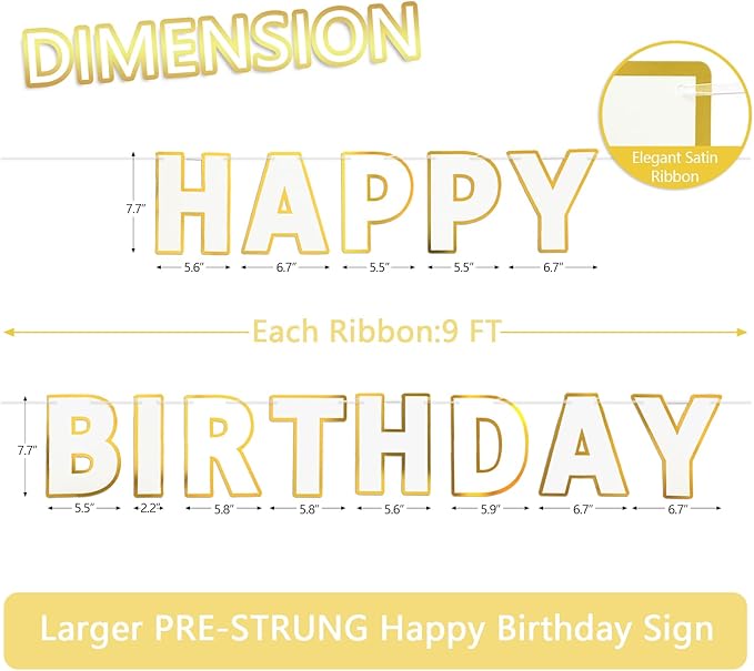Happy Birthday Banner - 9ft Pre-Strung Happy Birthday Sign for Women, Men, Girls, Boys - No DIY Birthday Decorations & Party Supplies(White)