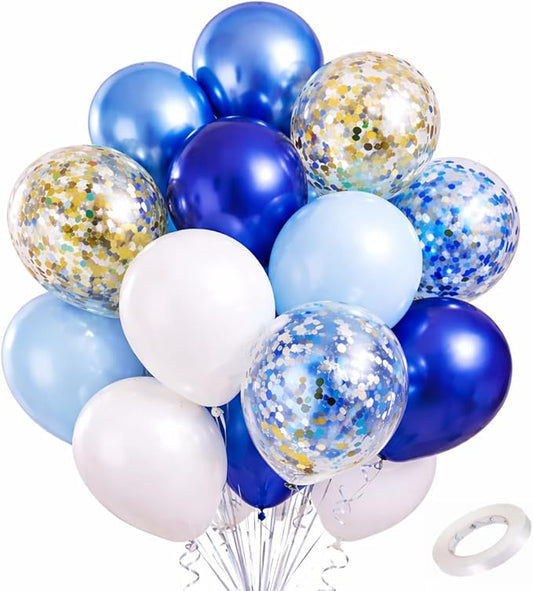 Metallic Blue Balloons 12 Inch – 60 Pack Blue & Gold Balloon Kit with Confetti, Light Blue, Dark Blue & Chrome Blue for Corporate Event Decor, Birthday, Baby Shower & Party Decorations