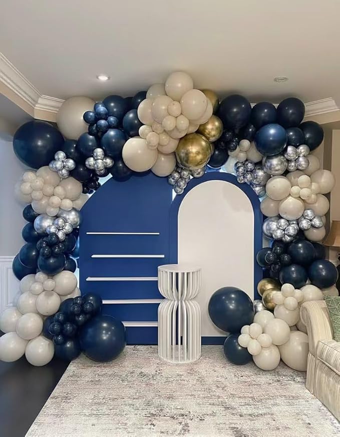 Navy Blue Silver White Balloon Arch Kit, Double Stuffed Pearl Sand White Royal Dark Blue Chrome Silver Confetti Balloons Garland Kit for Birthday Graduation 2026 New Years Party Decoration