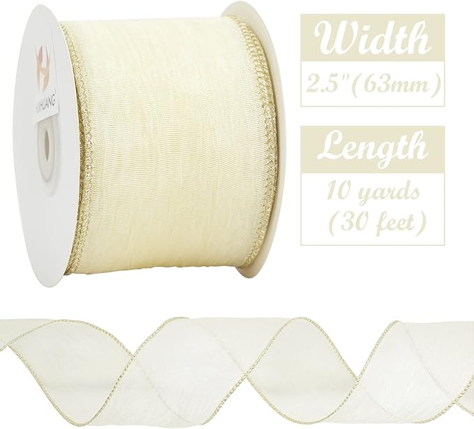 HUIHUANG Ivory Wired Ribbon 2-1/2 inch Cream Metallic Silk Wire Edge Ribbon for Crafts Gift Wrapping Basket Wreaths Bows Making Home Wedding Decor Christmas Tree Bows -Continuous 10 Yards